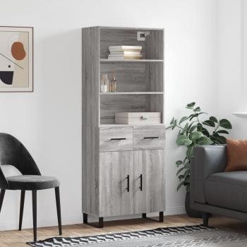 Aparador alto de madera contrachapada gris sonoma 69,5x34x180 cm con 2 puertas y 2 cajones, mueble de almacenaje para salón, buffet y armario auxiliar
