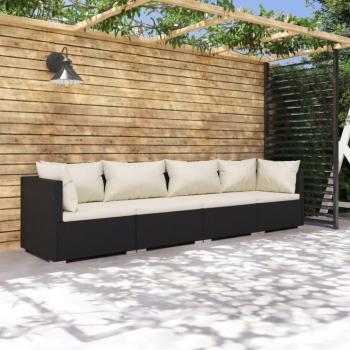 4-Piece Black Poly Rattan Garden Lounge Set with Cushions