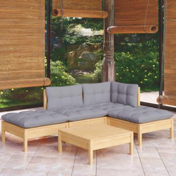 5-Piece Pinewood Garden Lounge Set with Gray Cushions