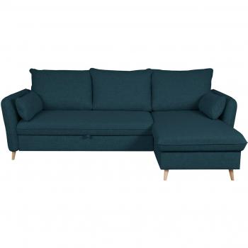 Sofá cama con chaise longue 3-4 plazas con canapé de tela azul marino y madera clara DRISS