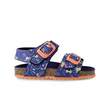 Sandalias abiertas de bebé niño Garvalín con print fantasía y cierre de hebilla, color azul con animales marinos y suela bio