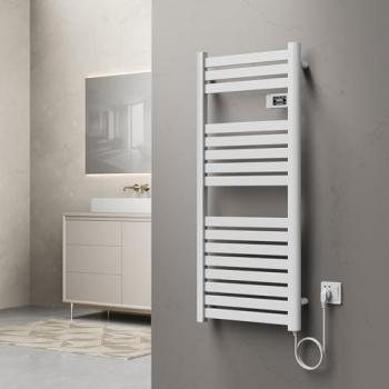 Radiador toallero eléctrico mural 500W con 16 lamas de aluminio, 120x50cm - Blanco, modo Confort Eco y Ventana Abierta