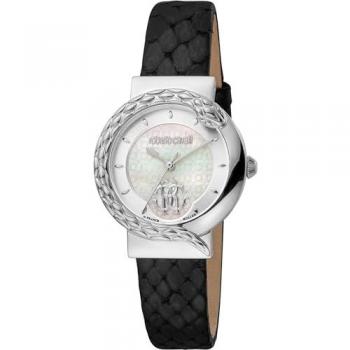 Roberto Cavalli by Franck Muller Women's Analog Leather Strap Watch - Black with Silver Gray Dial