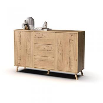 Aparador Oslo Roble Gold 140cm con 3 Cajones y 2 Puertas de Apertura Push, Mueble Auxiliar Moderno Nórdico