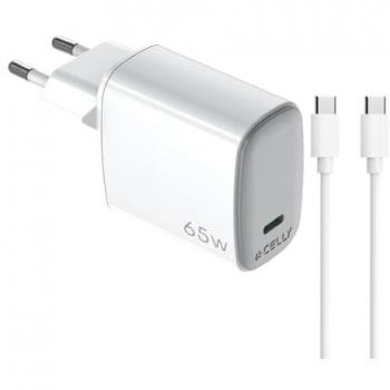 Cargador de Pared Celly UPTC1USBC65WCT 65W con Cable USB-C de 2m, Tecnología GaN, Compatible con Smartphones y Tablets, Color Blanco