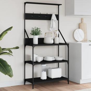 Estantería de cocina con ganchos, 4 niveles, madera de ingeniería, color negro