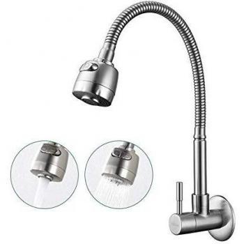 AiHom Grifo de Cocina para Agua Fría Montaje en Pared con Caño Flexible 2 Funciones Rociador 360° Grifo Cepillado Grifo de Fregadero 304 Acero Inoxidable Plata