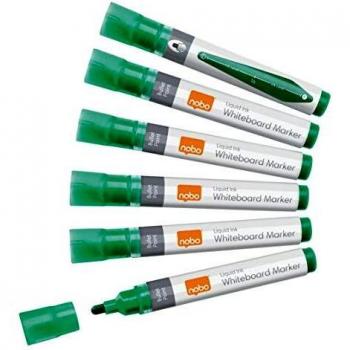Nobo Caja de 10 Rotuladores para Pizarra Blanca - Punta Redonda 3mm - Tinta Liquida - Nivel de Tinta - Color Verde