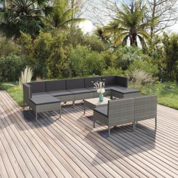 10-Piece Grey Poly Rattan Garden Lounge Set with Cushions