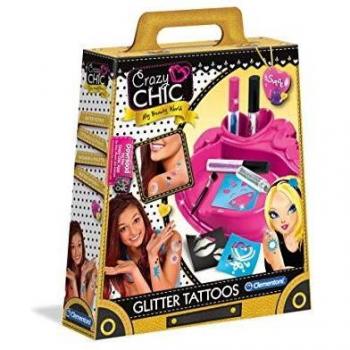 Kit de Tatuajes Temporales Glitter Crazy Chic - Clementoni 18513, Incluye Stencil Adesivos y Accesorios para Decoraciones Corporales