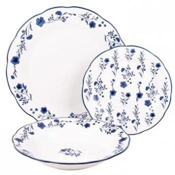Juego de Vajilla de Porcelana Esmaltada Floral Azul y Blanco - 18 Piezas, Apta para Lavavajillas, Microondas y Horno