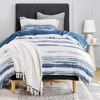 Bedsure Fundas Nordicas Cama 90 - Fundas Edredón 150x220 cm Modernas con 1 Fundas de Almohada 40x75cm, con Estampado a Rayas Reversible de Árbol de Microfibra, 2 Piezas, Azul y Blanco