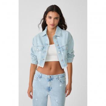Rhinestone-Embellished Cropped Denim Jacket in Medium Light Blue, Size M