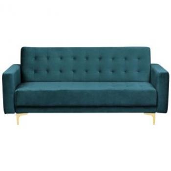 Sofá 3 plazas de terciopelo verde azulado dorado reclinable acolchado con patas de metal Aberdeen