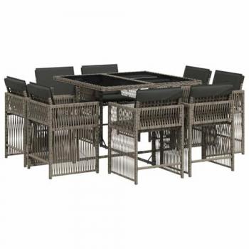 Set comedor jardín 9 pzas y cojines ratán sintético gris