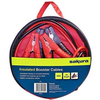 Sakura SS3625 - Cables de Arranque para Batería de Coche, 200 A, 3 m, con Códigos de Color, para Vehículos de Hasta 2 L/2000 CC