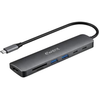 Docking Station Ewent EW1152 USB-C 7 en 1 con HDMI 4K, 2 USB-A y lector de tarjetas SD - Gris