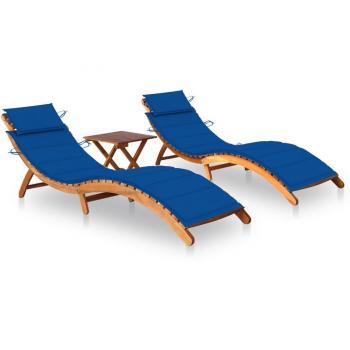 Acacia Wood Sun Loungers Set with Table and Cushions - 2 Pieces