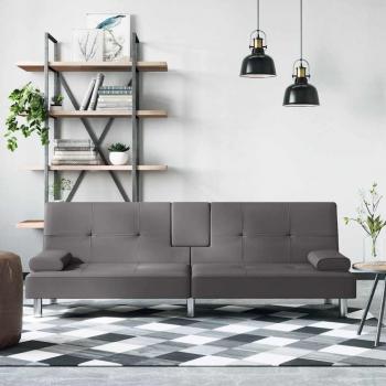 Sofá Cama con Portavasos de Cuero Sintético Gris