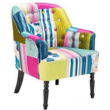 Sillón tapizado en tela multicolor azul patchwork club botones patas de madera