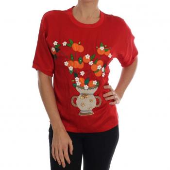 Dolce & Gabbana Red Silk Orange Vase Crystal Top - IT42|M, T-Shirts, female, Red, Size: S