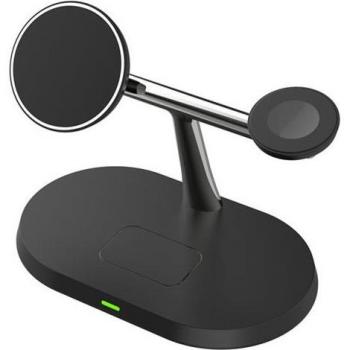 Cargador Inalámbrico 3 en 1 de 15W con Soporte de Acero Negro/Plateado