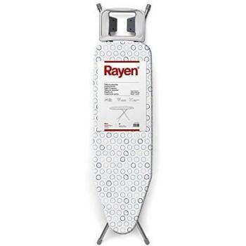 Rayen | Tabla de planchar | Gama Basic | Tablero de metal expandido | Funda algodón y poliéster | Tacos Patas antideslizantes | Estructura Gris Y Funda Blanca-círculos | Medidas: 113x34x5.5 cm