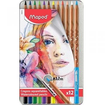 Maped 832412- Caja metálica de 12 lápices de colores artísticos acuarelables con pincel.