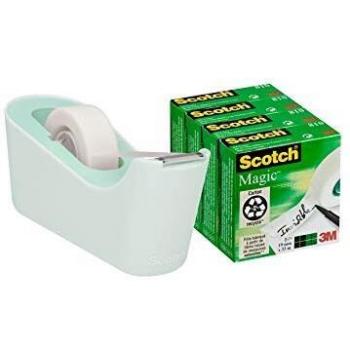 Dispensador de mesa C18 menta con 4 rollos de cinta adhesiva Scotch Magic, 19 x 33 cm