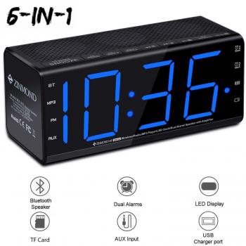 Radio reloj con altavoz Bluetooth, Zinmond 6 en 1 Reloj despertador digital e inalámbrico, radio FM digital | Manos libres y Snooze y USB AUX DC & & TF MP3 | Bluetooth 4.1 Altavoz | Pantalla LED de 6.5 
