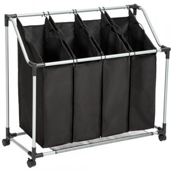 Cesto para la colada móvil con 4 compartimentos extraíbles y ruedas con frenos, incluye red de almacenamiento - 96 x 40 x 83 cm