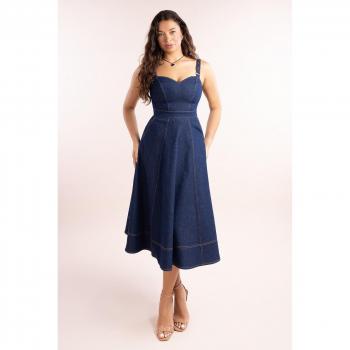 Navy Denim A-line Midi Dress with Buckle Straps