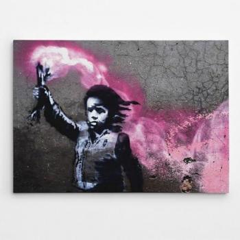 Impresión sobre Lienzo Banksy Niño Emigrante, Poliéster, Madera, Gris, Negro y Rosa, 100x3x70 cm