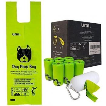 Amazon Brand - Umi Bolsas para Excrementos de Perro Compostables - Origen Vegetal, Compostaje Casero, Sin Microplásticos, Resistentes a Fugas - 13 x 40 cm con Asas