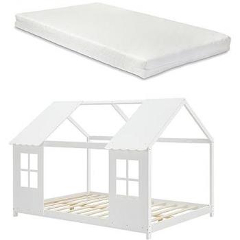 Cama para niños Tostedt en forma de casa con ventanas y colchón 140 x 200 cm de pino blanco