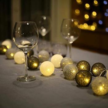 Guirnalda de luces LED con batería, ideal para interiores, 3,1 m, con 20 bolas de algodón, luces de Navidad, ideal para pared, como decoración navideña, fiestas, bodas, hogar, color blanco