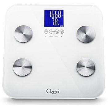 Ozeri Touch 200 KG / 440 LBS- Escala de baño corporal total - Mide peso, grasa corporal, hidratación, músculo y masa ósea con reconocimiento automático y tecnología de tara infantil, blanco