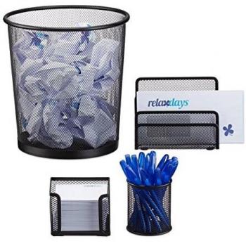 Organizador de Escritorio 4 Piezas, Bandeja para Cartas, Caja para Notas, Porta Lápices y Papelera, Metal Negro