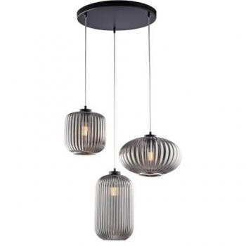 Suspensión 3 luces Glamour vidrio soplado gris espejo plisado