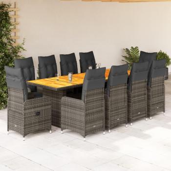 Set de mesa y sillas de jardín 11 pzas con cojines de ratán PE gris