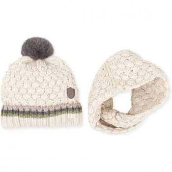 Conjunto de niño Tutto Piccolo de gorro con pompón y cuello de tricot en color crudo