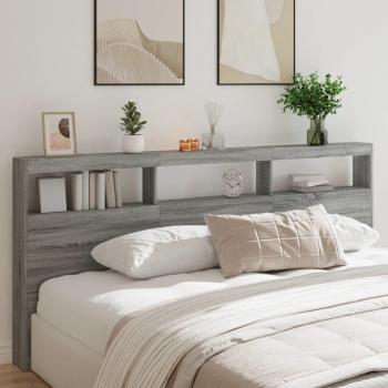 Cabecero de cama con contenedor y luz LED en color gris Sonoma, dimensiones 220x17x102 cm
