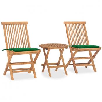 Folding 3-Piece Outdoor Dining Set with Cushions - Solid Teak Wood