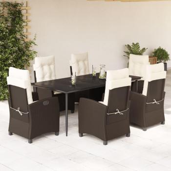7-Piece Brown Poly Rattan Garden Dining Set with Cushions
