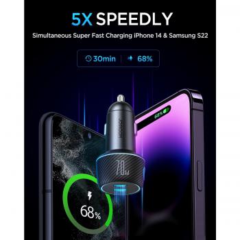 Cargador de coche Joyroom 70W con 2 puertos USB-C y retroiluminación LED - Negro