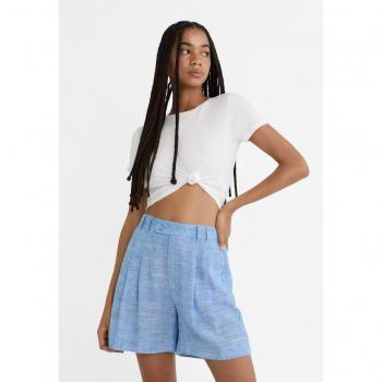 Stradivarius Flowing Pleated Linen Blend Bermuda Shorts in Royal Blue