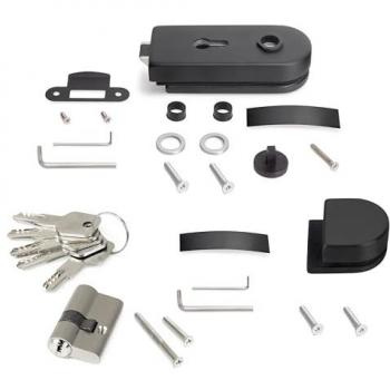 Kit cerradura y cerradero para puerta doble de cristal Emuca, compatible con puertas de vidrio de 8-12mm, fabricado en acero y aluminio, acabado pintado negro