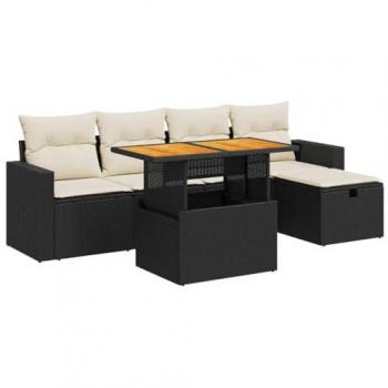 vidaXL 6-Piece Black Poly Rattan Garden Sofa Set with Cushions and Acacia Wood