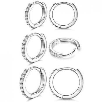 LIHELEI Pendientes de Plata de Circonita Cúbica para Mujer, Pendientes de Puño Cartílago Huggies S925 Juego de Pendientes de Plata Esterlina - 3 pares Plata