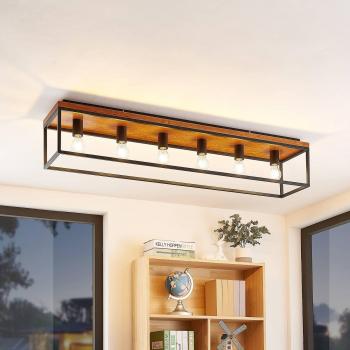 Lámpara de techo moderna Lindby Miravi, 6 luces, color marrón, hecha de madera, tipo E27, ideal para salón y comedor